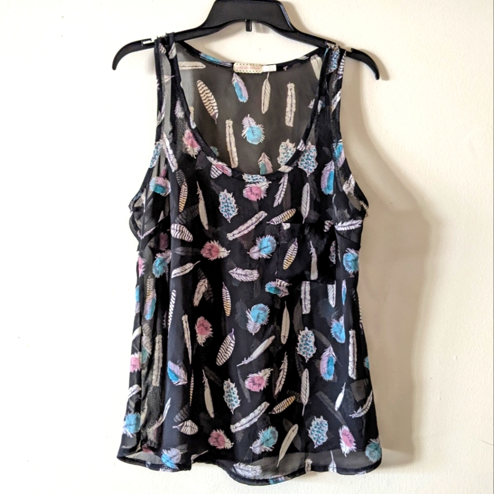 🌟Pins And Needles Black Feather Scoop Fringe Sleeveless Sheer Blouse Size Small